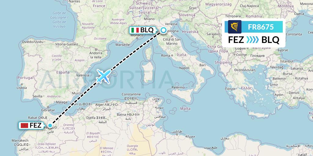 FR8675 Ryanair Flight Map: Fes to Bologna