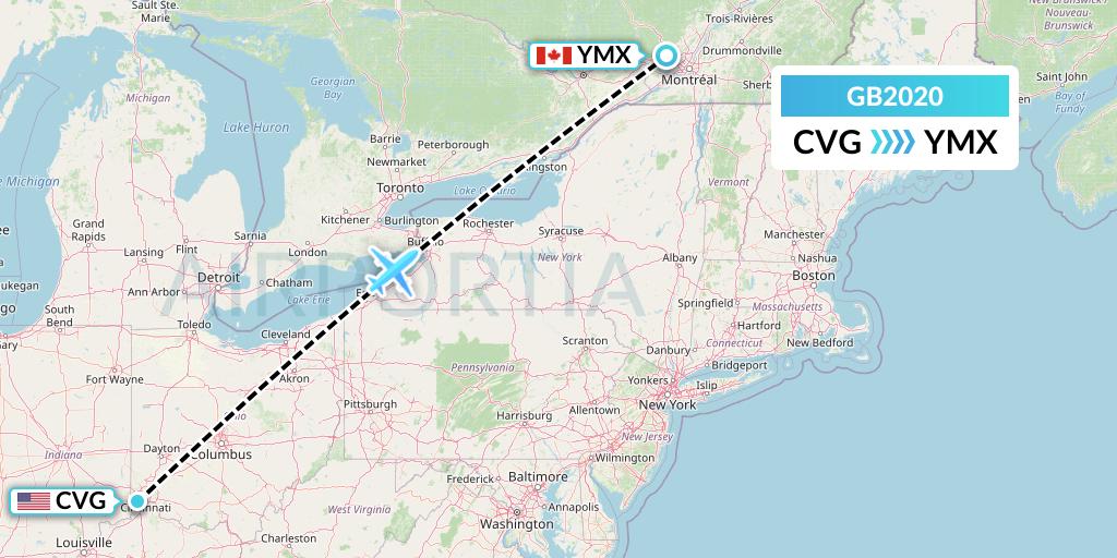 GB2020 ABX Air Flight Map: Cincinnati to Montreal