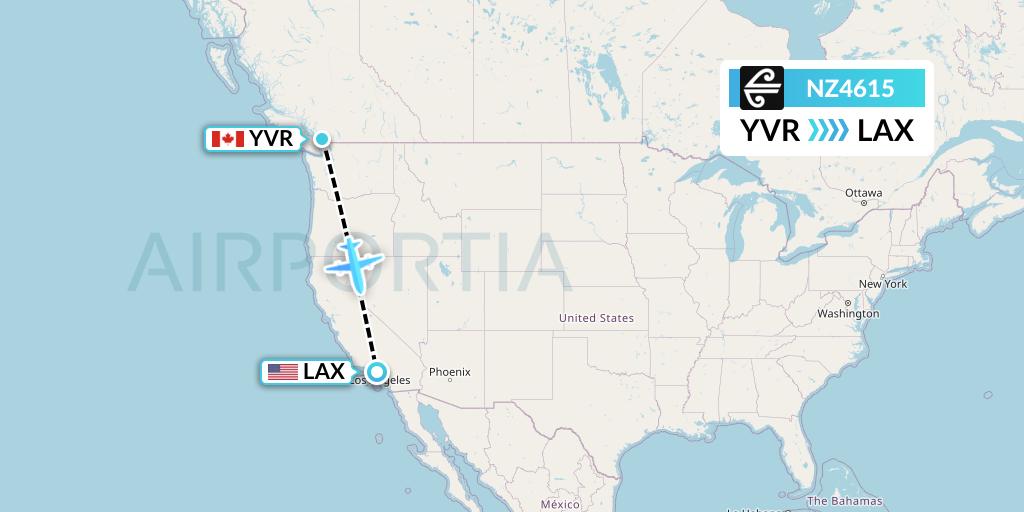 NZ4615 Air New Zealand Flight Map: Vancouver to Los Angeles