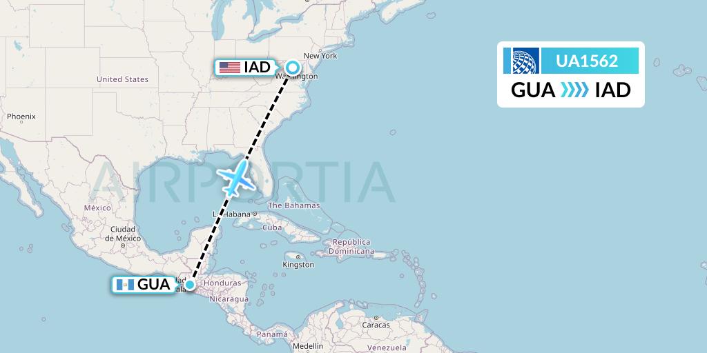 UA1562 United Airlines Flight Map: Guatemala City to Washington