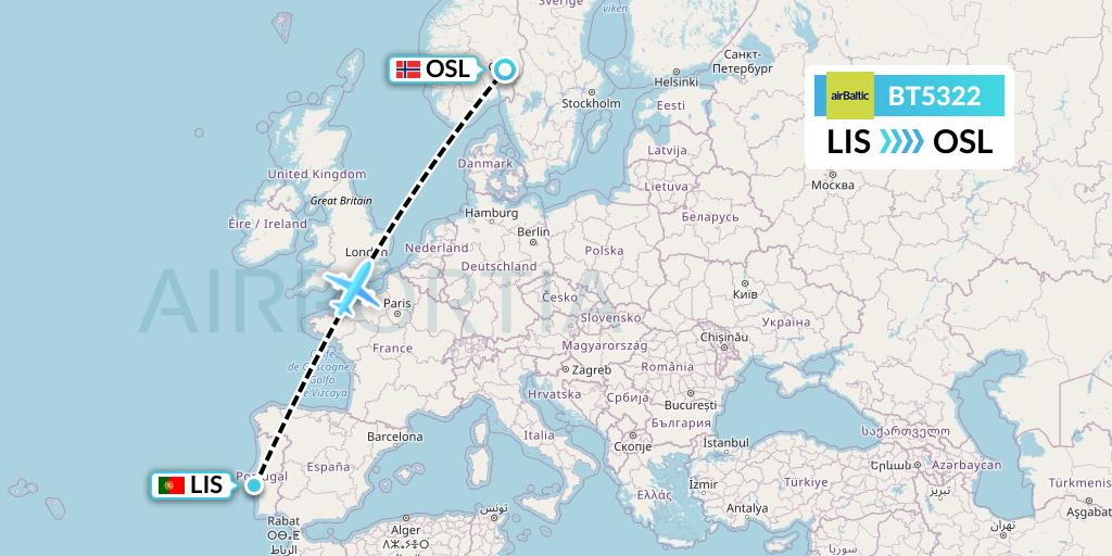 BT5322 Air Baltic Flight Map: Lisbon to Oslo