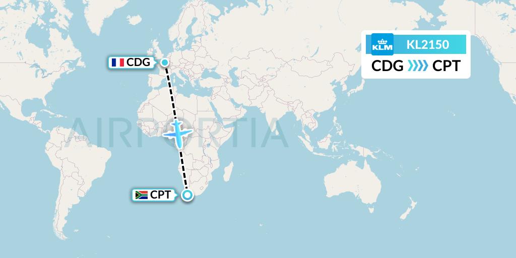 KL2150 KLM Flight Map: Paris to Cape Town