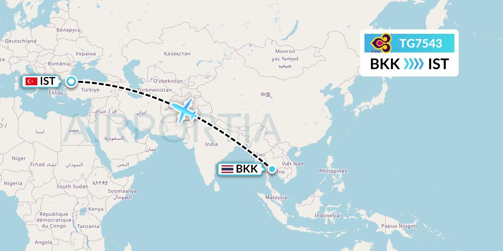TG7543 Thai Airways Flight Map: Bangkok to Istanbul