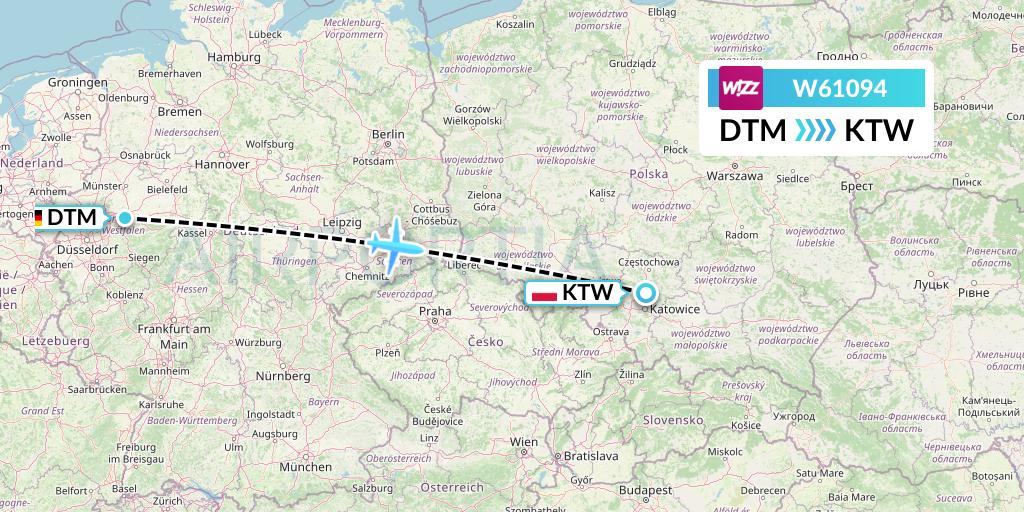 W61094 Wizz Air Flight Map: Dortmund to Katowice