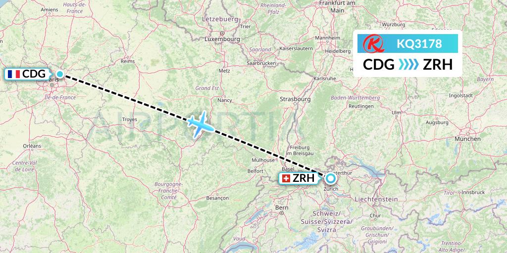 KQ3178 Kenya Airways Flight Map: Paris to Zurich