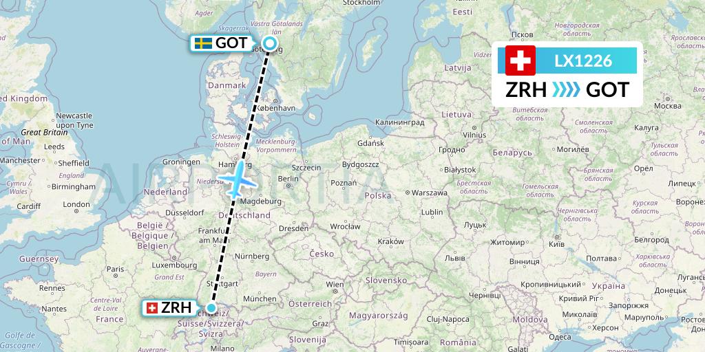 LX1226 Swiss Flight Map: Zurich to Gothenburg