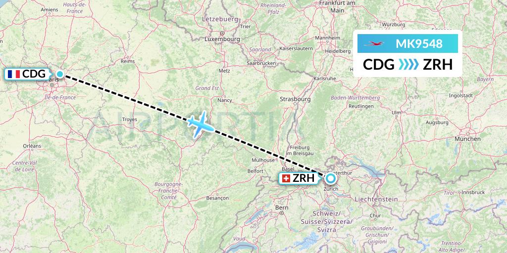 MK9548 Air Mauritius Flight Map: Paris to Zurich