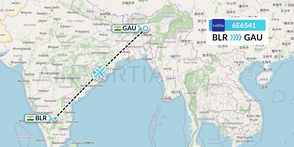 6E6541 IndiGo Airlines Flight Map: Bangalore to Guwahati