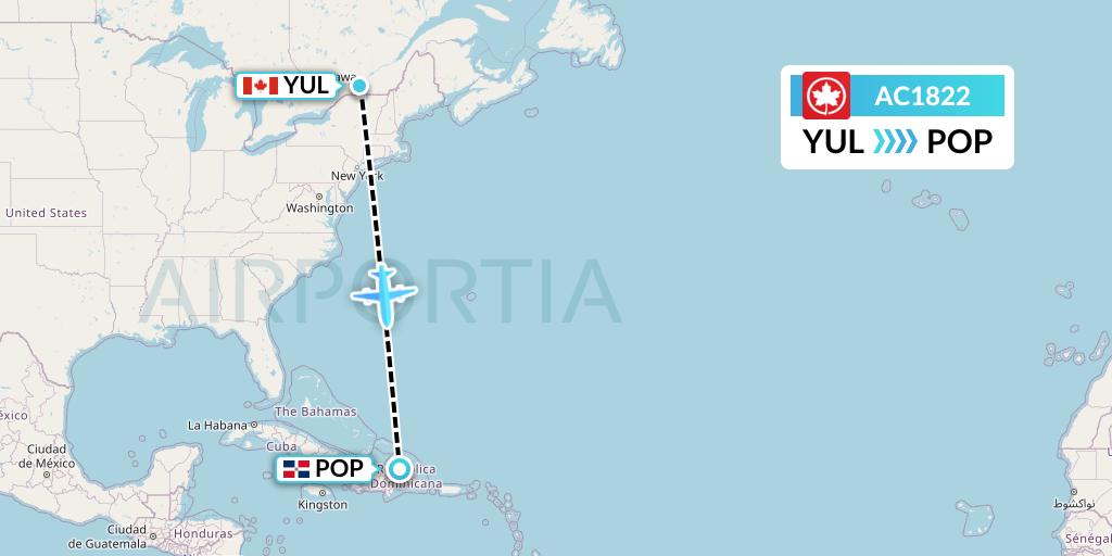 AC1822 Air Canada Flight Map: Montreal to Puerto Plata