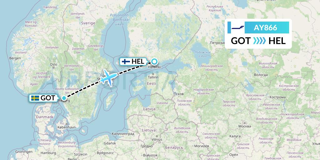 AY866 Finnair Flight Map: Gothenburg to Helsinki