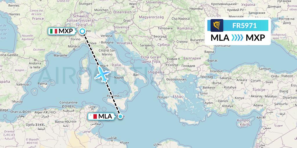 FR5971 Ryanair Flight Map: Malta to Milan