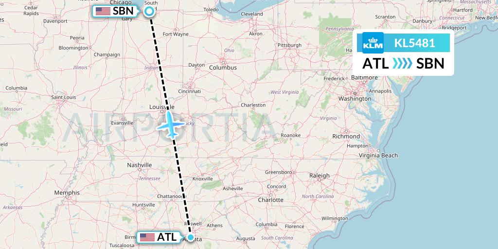 KL5481 KLM Flight Map: Atlanta to South Bend