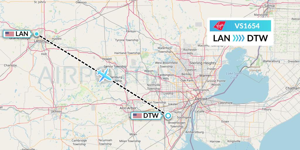 VS1654 Virgin Atlantic Airways Flight Map: Lansing to Detroit