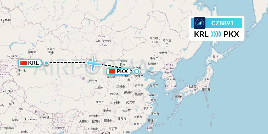 CZ8891 China Southern Airlines Flight Map: Korla to Beijing