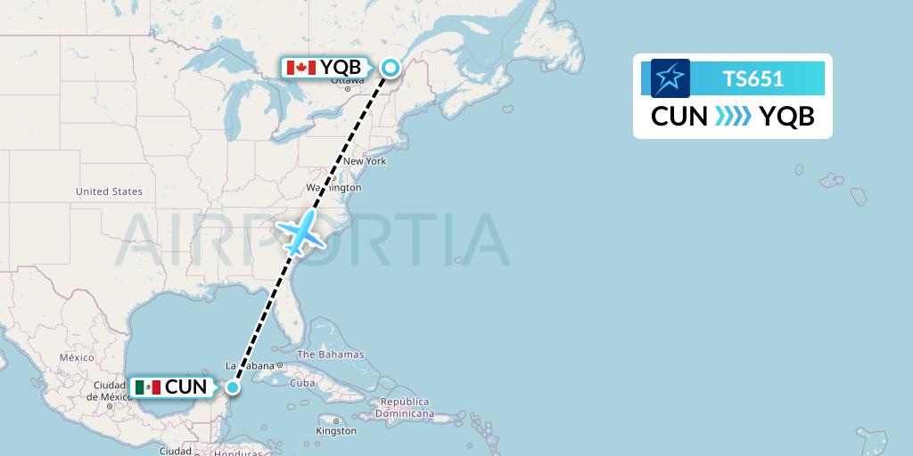 TS651 Air Transat Flight Map: Cancun to Quebec