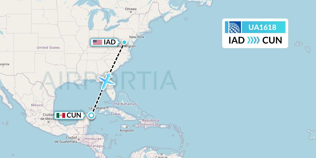 UA1618 United Airlines Flight Map: Washington to Cancun