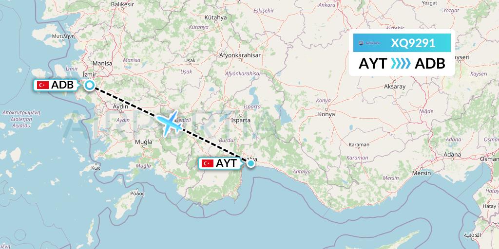 XQ9291 SunExpress Flight Map: Antalya to Izmir