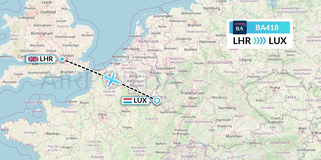 BA418 British Airways Flight Map: London to Luxembourg