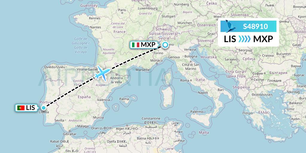 S48910 Azores Airlines Flight Map: Lisbon to Milan