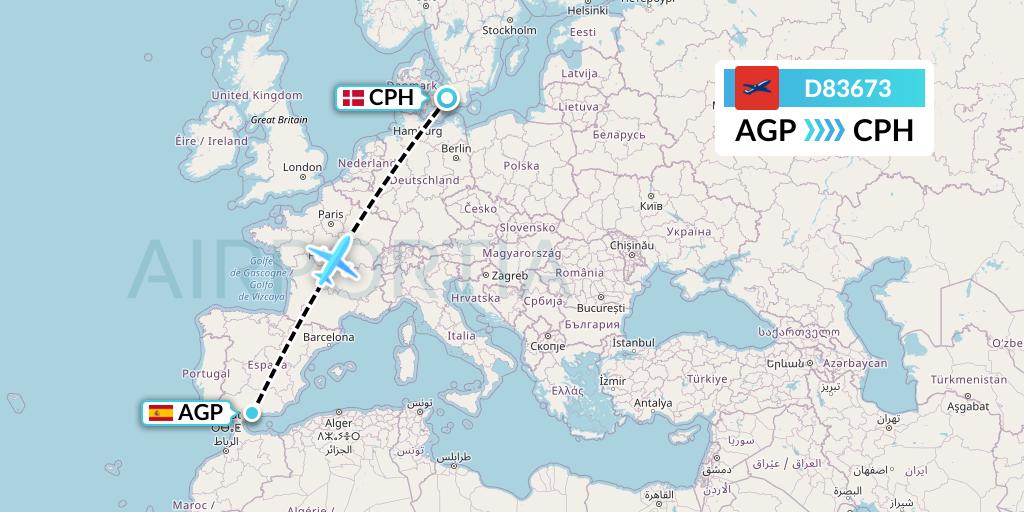 D83673 Norwegian Air International Flight Map: Malaga to Copenhagen