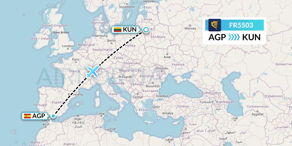 FR5503 Ryanair Flight Map: Malaga to Kaunas