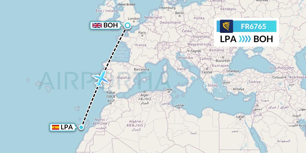 FR6765 Ryanair Flight Map: Las Palmas to Bournemouth