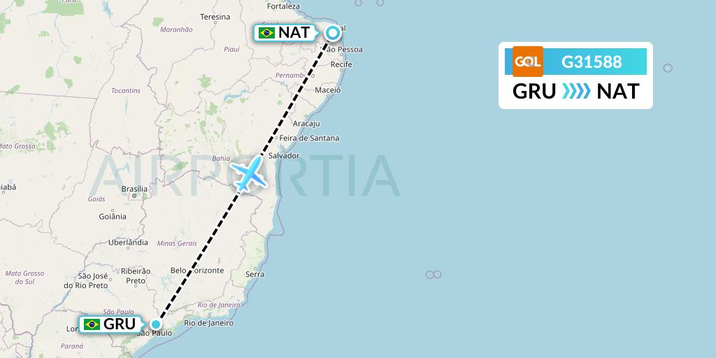G31588 GOL Transportes Aeros Flight Map: Sao Paulo to Natal