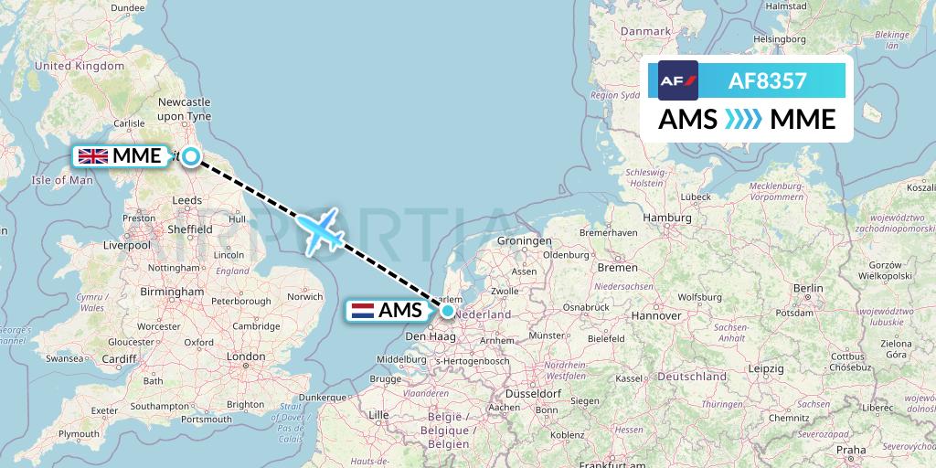 AF8357 Air France Flight Map: Amsterdam to Darlington