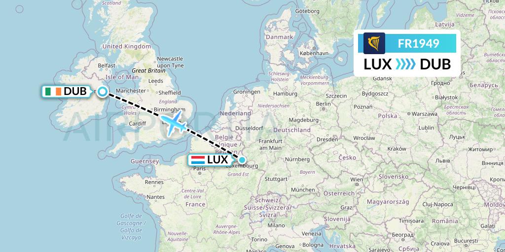 FR1949 Ryanair Flight Map: Luxembourg to Dublin