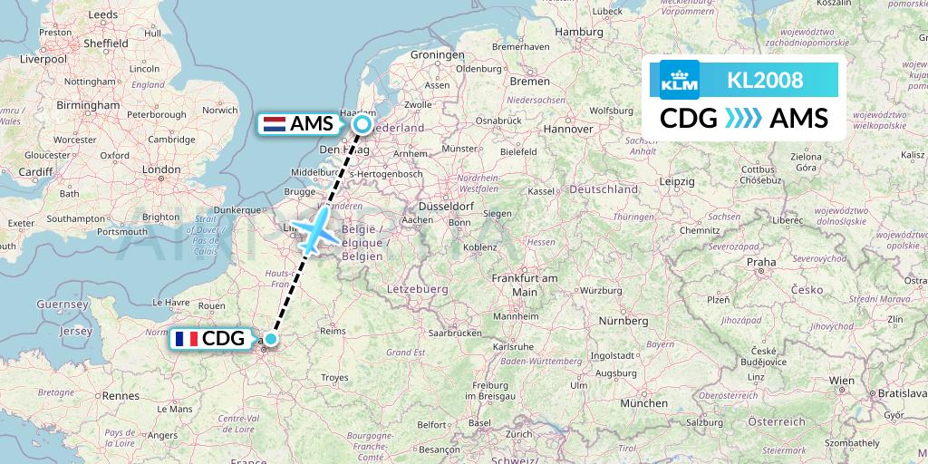 KL2008 KLM Flight Map: Paris to Amsterdam