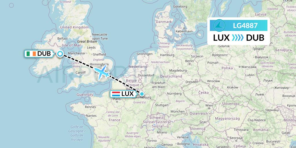 LG4887 Luxair Flight Map: Luxembourg to Dublin