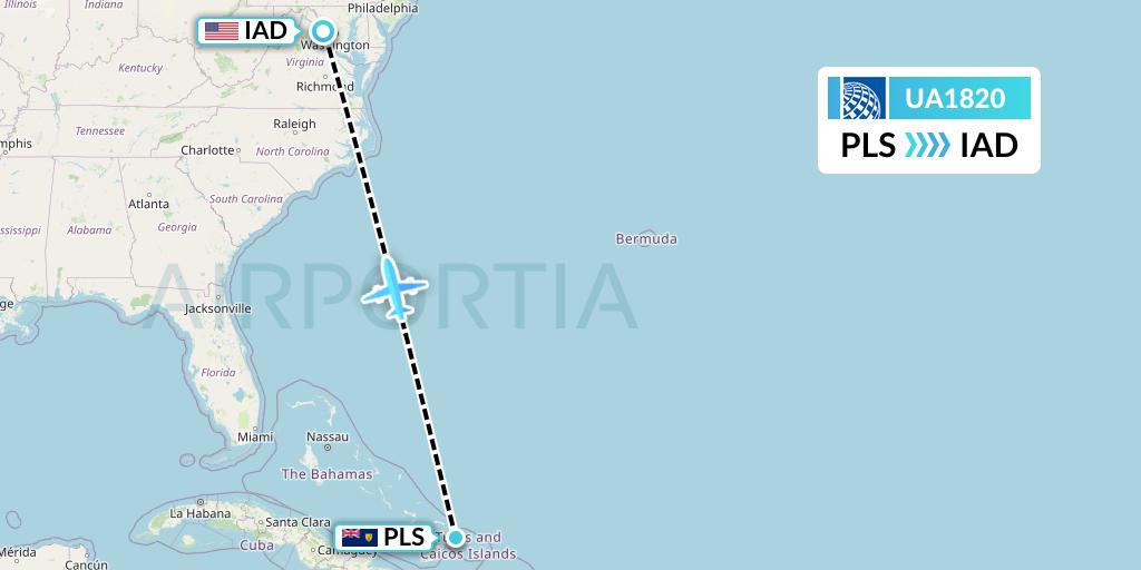 UA1820 United Airlines Flight Map: Providenciales to Washington