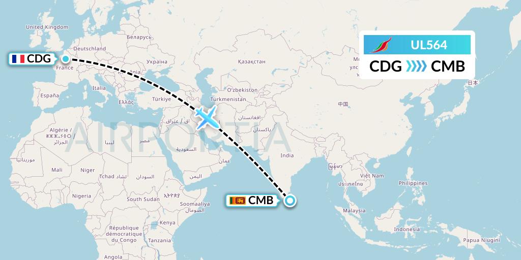 UL564 SriLankan Airlines Flight Map: Paris to Colombo