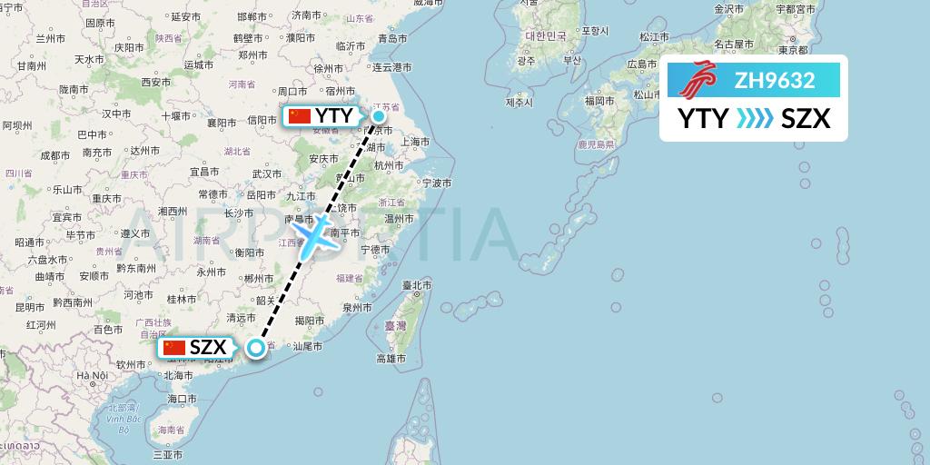 ZH9632 Shenzhen Airlines Flight Map: Yangzhou to Shenzhen
