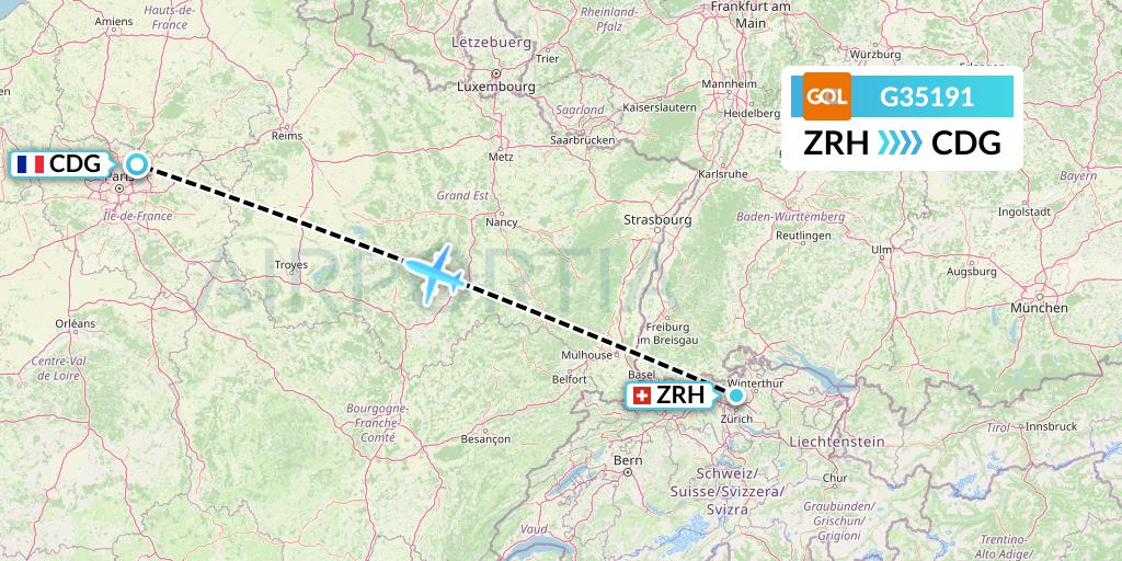 G35191 GOL Transportes Aeros Flight Map: Zurich to Paris