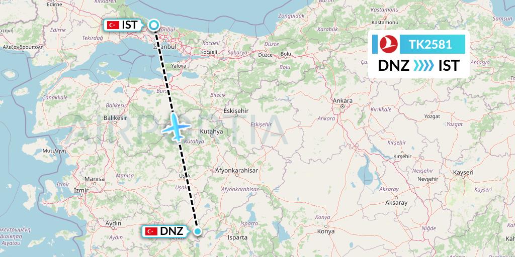 TK2581 Turkish Airlines Flight Map: Cardak to Istanbul