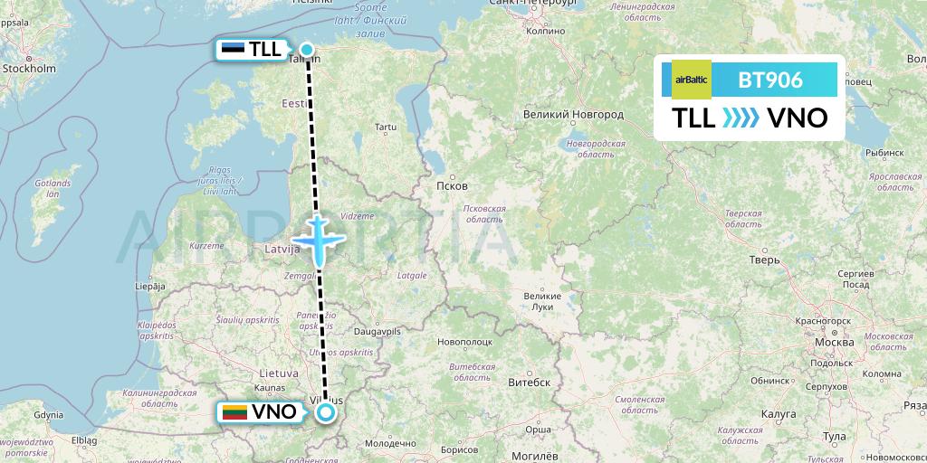 BT906 Air Baltic Flight Map: Tallinn to Vilnius