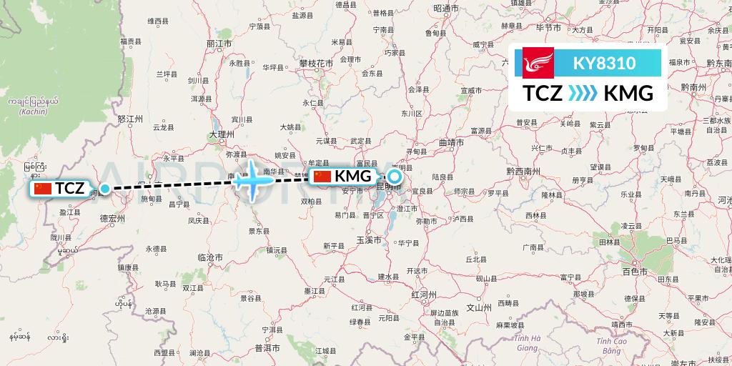 KY8310 Kunming Airlines Flight Map: Tengchong to Kunming