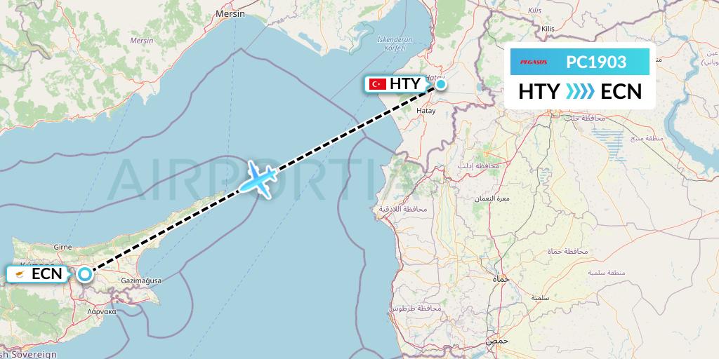 PC1903 Pegasus Airlines Flight Map: Antakya to Tymvou