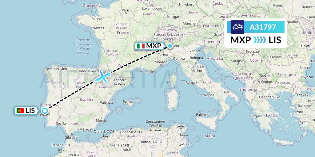 A31797 Aegean Airlines Flight Map: Milan to Lisbon