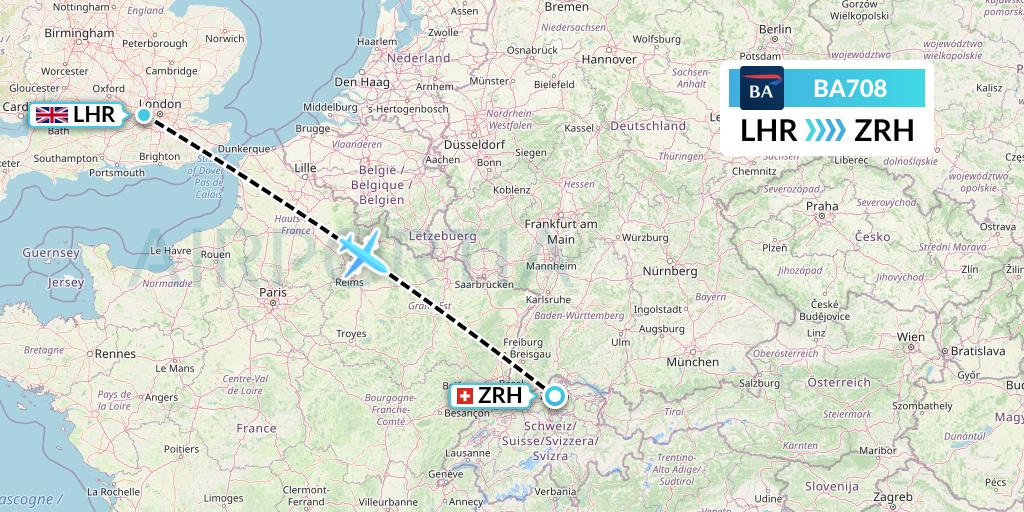 BA708 British Airways Flight Map: London to Zurich
