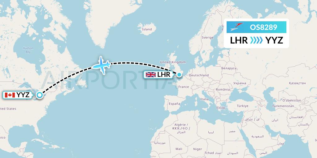 OS8289 Austrian Airlines Flight Map: London to Toronto