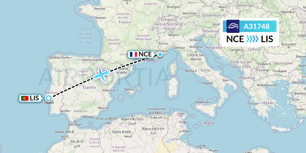 A31748 Aegean Airlines Flight Map: Nice to Lisbon