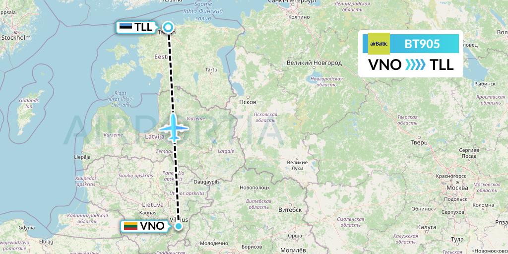 BT905 Air Baltic Flight Map: Vilnius to Tallinn