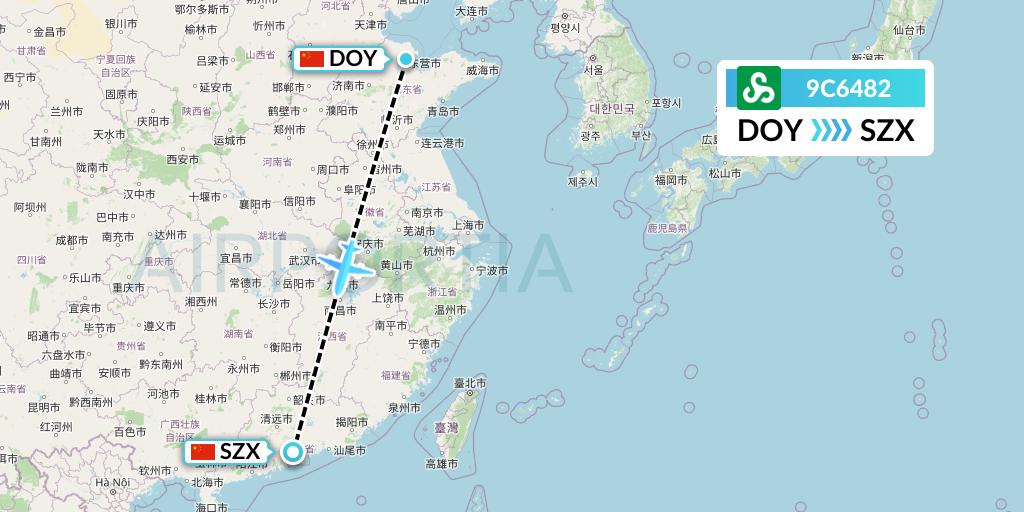 9C6482 Spring Airlines Flight Map: Dongying to Shenzhen