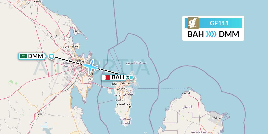 GF111 Gulf Air Flight Map: Bahrain to Dammam