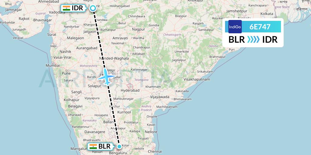 6E747 IndiGo Airlines Flight Map: Bangalore to Indore