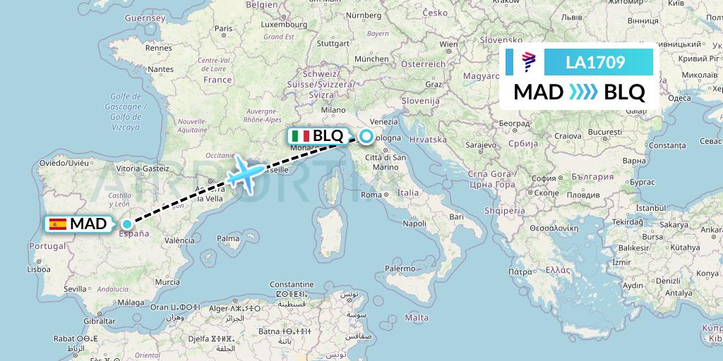 LA1709 LAN Airlines Flight Map: Madrid to Bologna