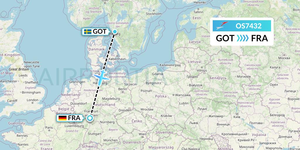 OS7432 Austrian Airlines Flight Map: Gothenburg to Frankfurt
