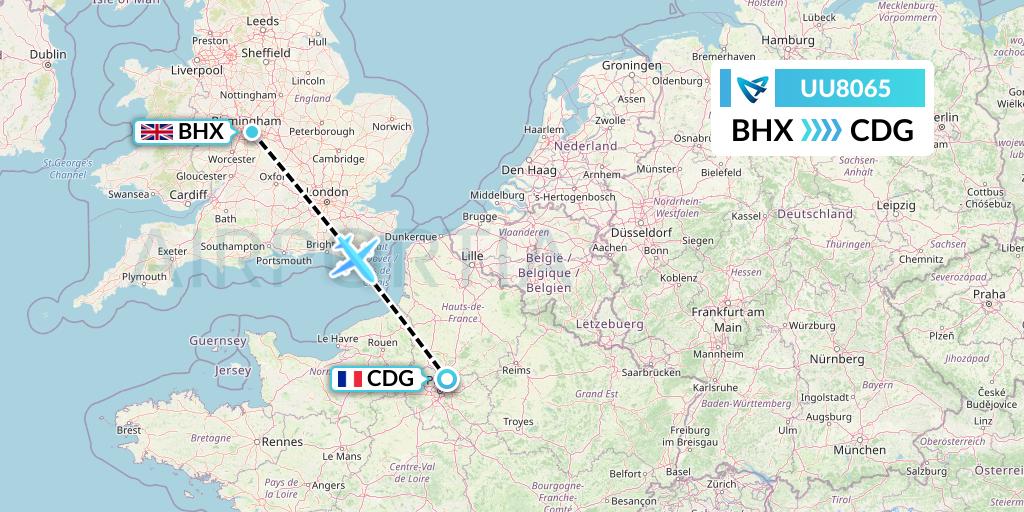 UU8065 Air Austral Flight Map: Birmingham to Paris
